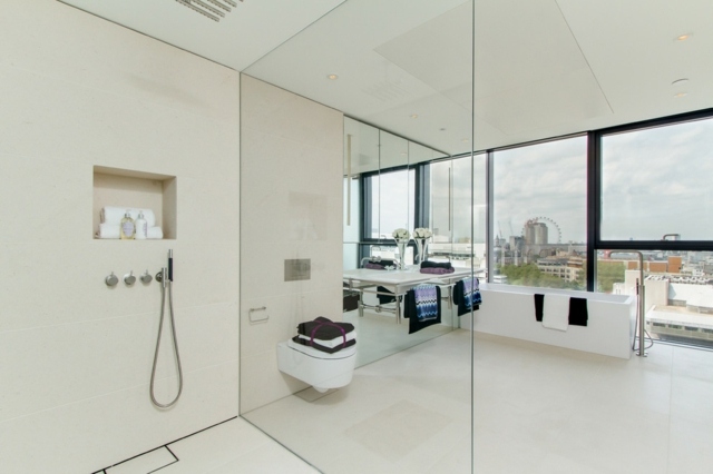 idei de proiectare baie complet alba cabina de dus din sticla Idei de amenajare baie geam din sticla cabina de dus