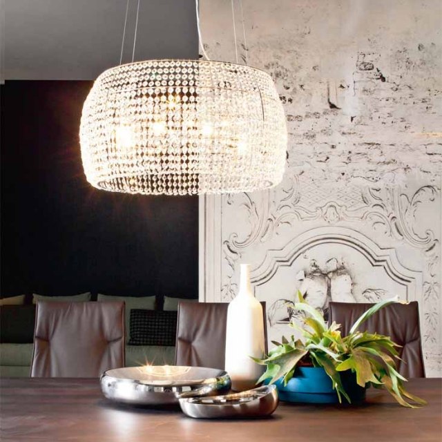 Lampă suspendată de lux abajur-decorațiuni de cristal sufragerie Lampă suspendată abajur-ornamente din cristal scaune din piele masă din lemn