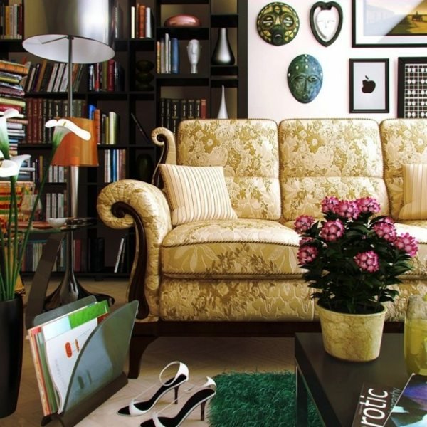 mobilier asiatic living-canapea tapițerie aurie interiorul sufrageriei asiatice