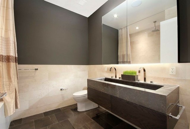 Perete lavoar din piatră naturală placat lavoar din lemn granit