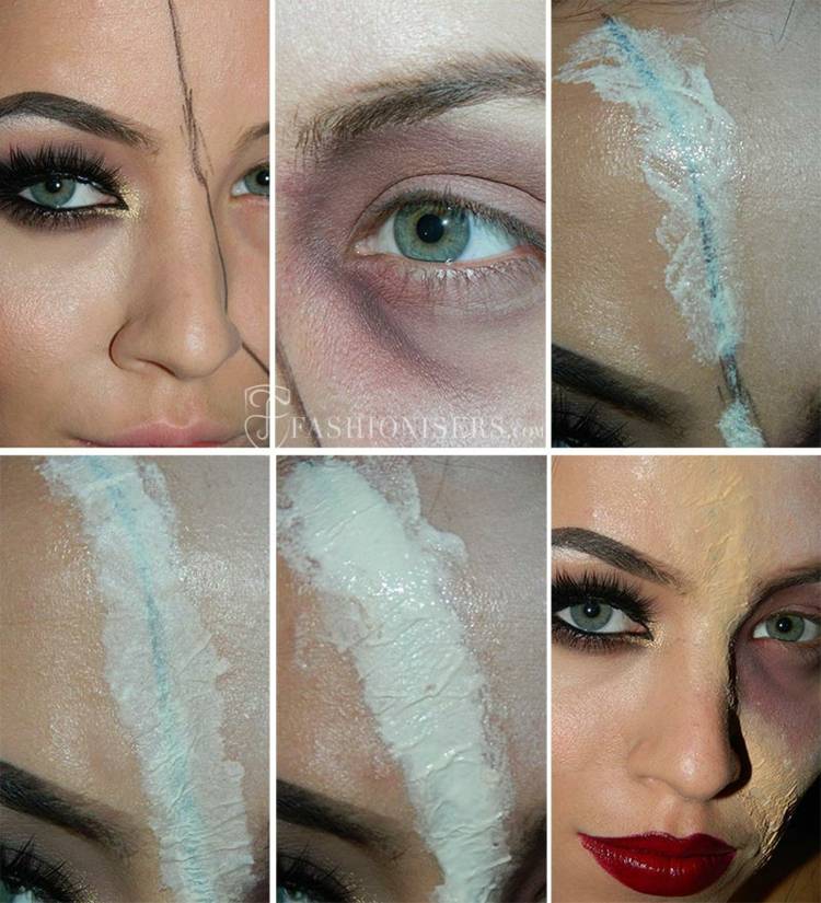 Rana feței este alcătuită cu lipici pentru gene și batiste fețele de Halloween alcătuiesc rujul batistei lipici glamour zombie