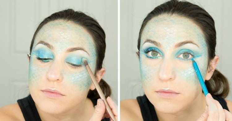 Alcătuiește pleoapele inferioare cu un kohl fețele de Halloween alcătuiesc fardul de ochi turcoaz perie pas