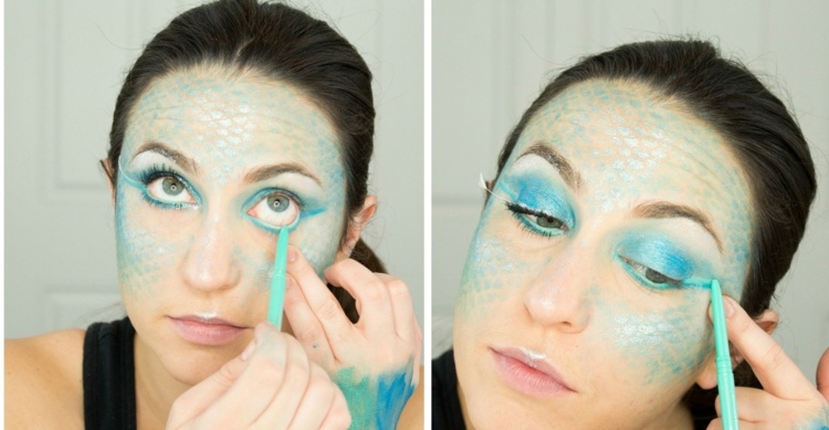 Machiază fețele de Halloween - aplică al doilea creion de ochi într-o culoare mai deschisă fețele de Halloween alcătuiesc eyeliner make up idea sirena kajal turcoaz