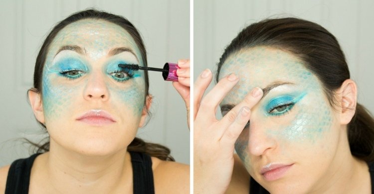 Machiază gene cu rimel și sprâncene cu sclipici argintiu Halloween machiaj față rimel machiaj sprâncene machiaj idee sirena