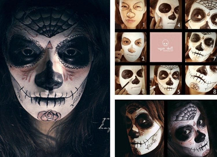 Față de craniu de zahăr cu instrucțiuni Halloween se confruntă cu machiaj craniu de zahăr alb și negru