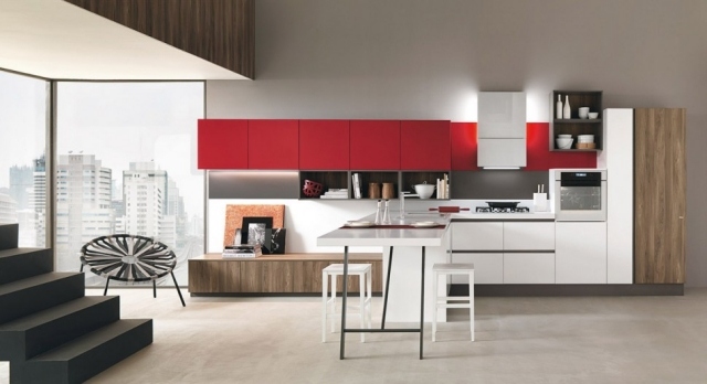 bucătărie italiană modern design elegant Echipamente hi-tech adaugă accente roșii