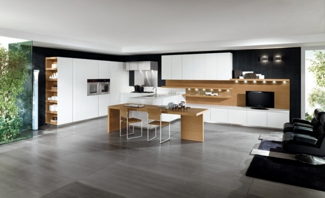 pictura de perete neagra bucatarie din lemn design liniar-mobilier alb-insula bucatariei
