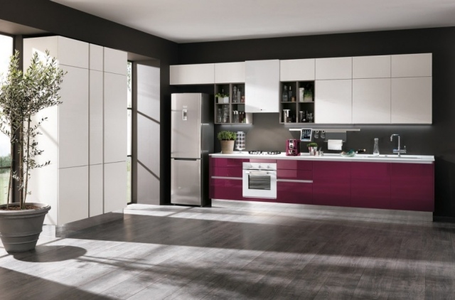design bucatarie suprafete roz stralucitoare pereti frigidere congelatoare