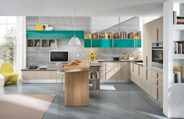bucătărie încorporată insulă de bucătărie din lemn masiv design modern-rafturi colorate-deschise