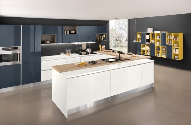 blat din lemn de ambianță pentru designer de bucătărie rafturi deschise-galben albastru