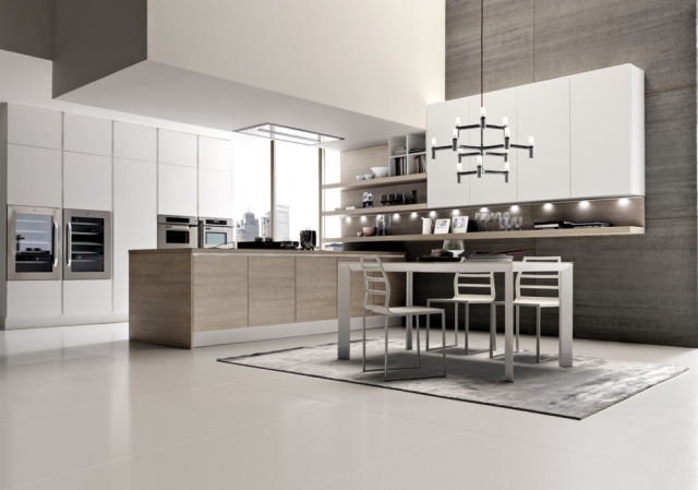 imitații din lemn de bucătărie-cu insulă-candelabru-cadru metalic design-modern