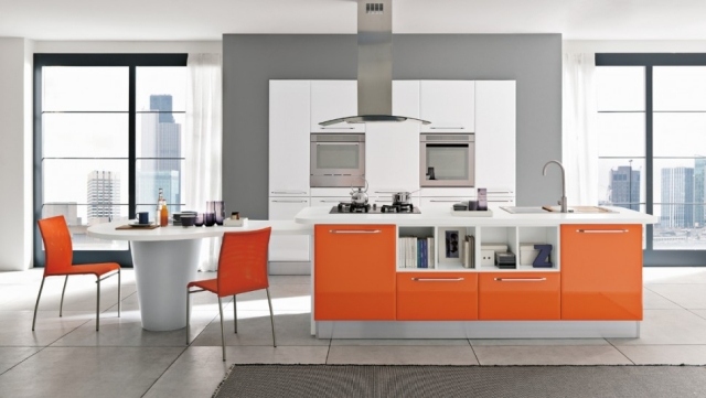 clădire-în bucătărie insulă portocaliu strălucitor dulap usi design capota extractor