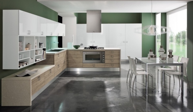 combinații de materiale design interior-lemn lucios mat alb-verde-perete
