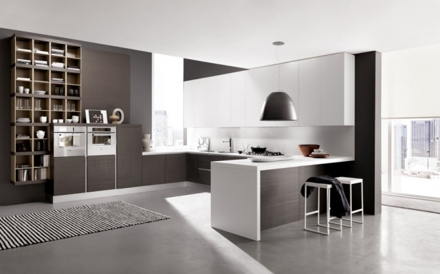 idei de design pentru bucătărie apartament în plan deschis dulapuri albe lampă suspendată