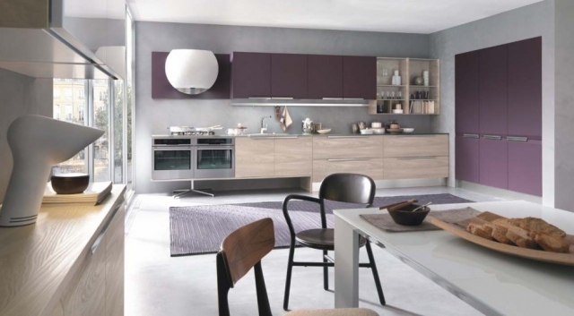 bucătărie încorporată-accente violet-ușă dulap din lemn idei de design pentru ambianță primitoare
