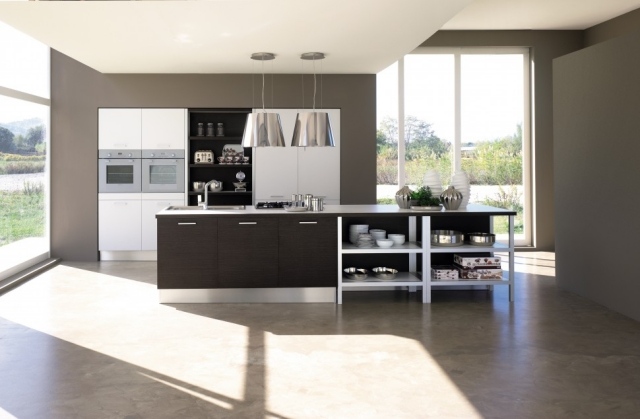 bucătărie amenajată în negru, cu aparate electrice, design purist