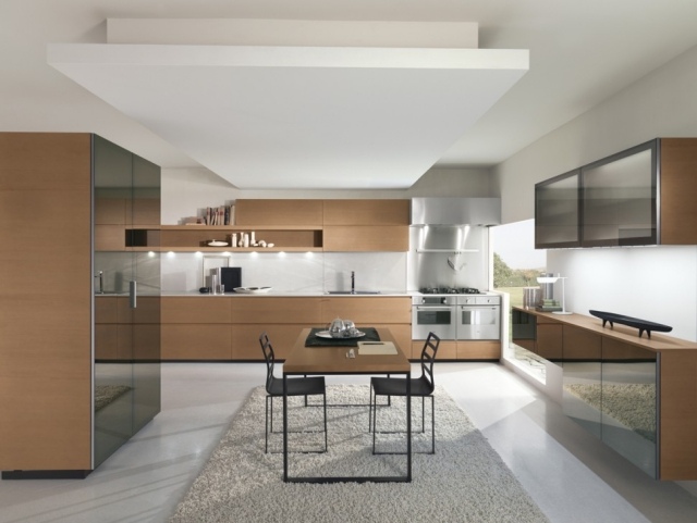 design modern de bucatarie - mobilier din lemn - covor suspendat de tavan