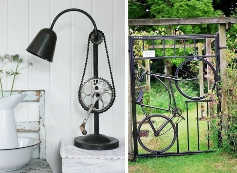 idei de reciclare cu piese de biciclete poarta de gradina lampa cu lant de pedale pentru unelte de bicicleta