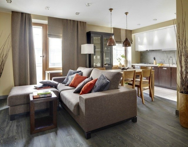 sufragerie mică cu zonă de luat masa canapea tapițată maro mobilier sufragerie din lemn chicinetă sufragerie-mică-sufragerie-colț-maro-tapițată-canapea-din-lemn-sufragerie-mobilă-bucătărie-rând