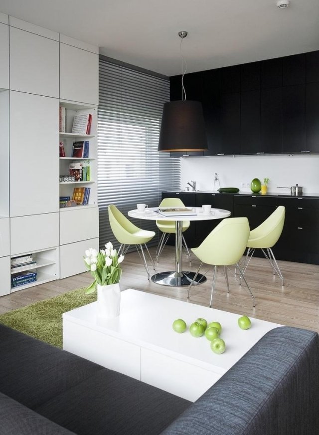 sufragerie chicinetă neagră accente verzi canapea gri măsuță de cafea albă Sugestii de decor pentru zona de luat masa din sufragerie-negru-bucatarie-rand-verde-accente-gri-canapea-alba-masuta de cafea