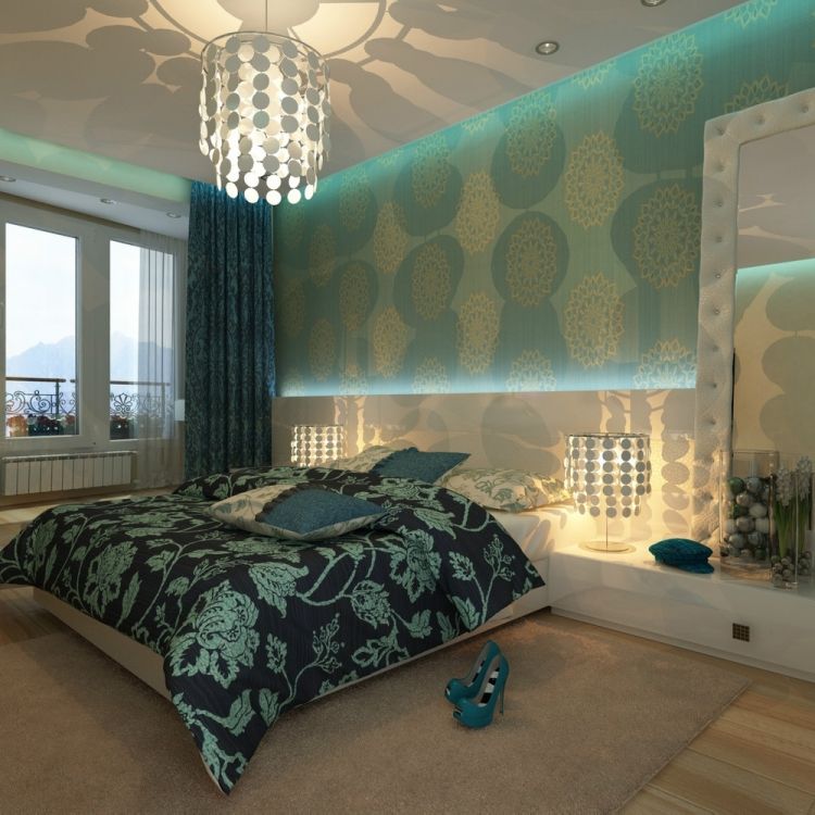 dormitor modern în acvatic și alb - iluminare indirectă cu LED design-modern-perete-dormitor-tip-aqua-model-tapet-alb-mobilier-lucios-lucios
