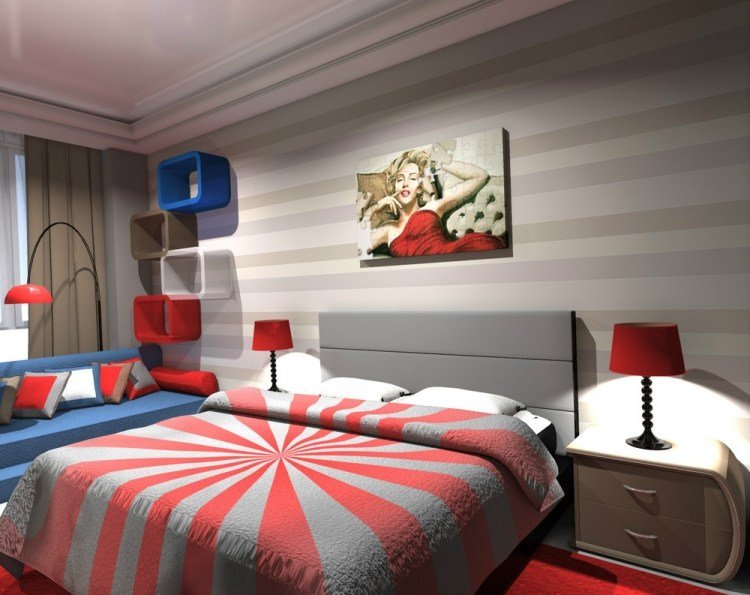 Design de perete cu dungi în nuanțe de gri - roșu și decorațiuni albastre idei de culori-dormitor-dungi-nuante de gri-rosu-albastru