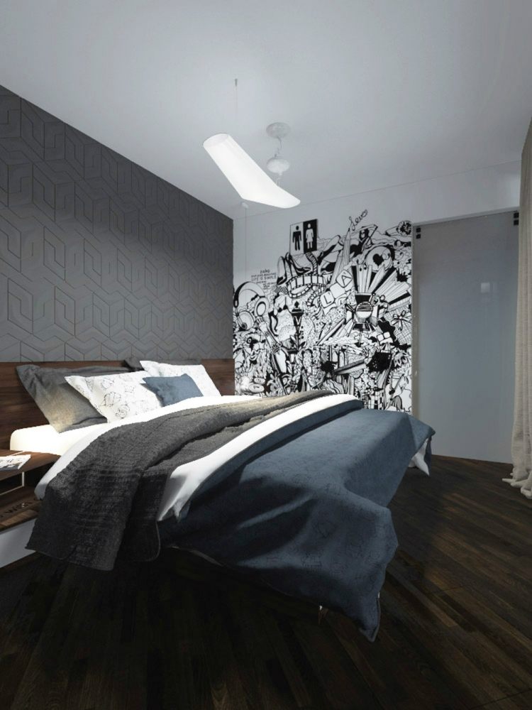 dormitor mic în alb și gri, cu decor de perete interesant panouri-de-perete-dormitor-mici-de-design-cu-model-gri-geometric