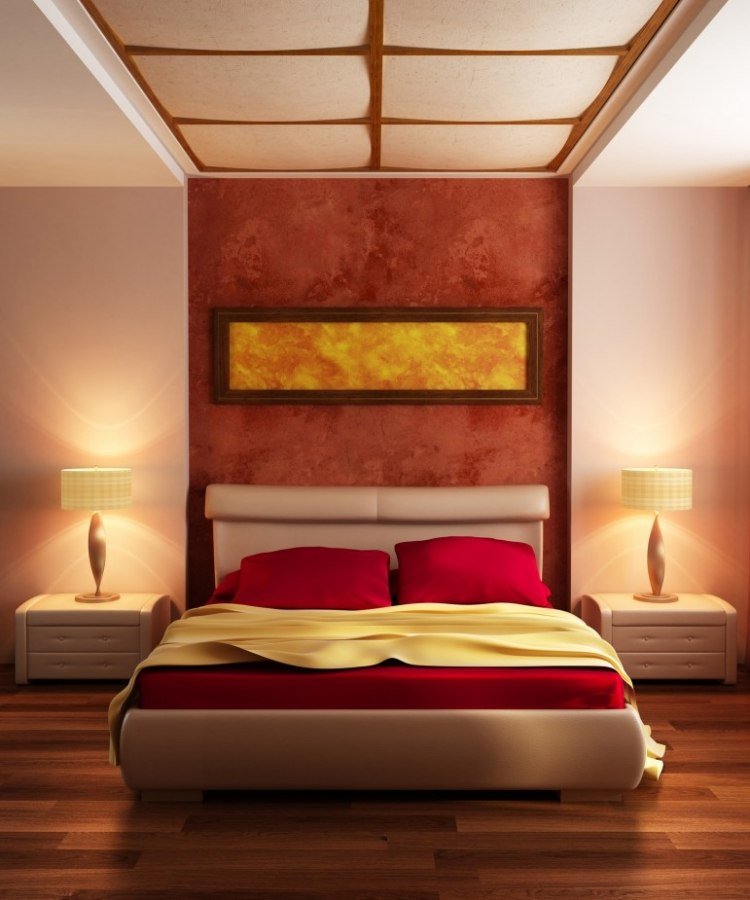 atmosferă caldă, luminoasă în dormitor cu un perete decorativ idei de culoare-dormitor-pereți-design-ipsos-decorativ-portocaliu-teracotă-culoare-caldă