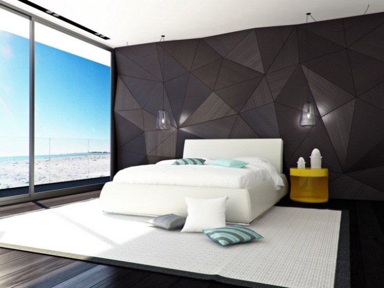 dormitor modern cu fereastră panoramică și panouri decorative de perete triunghiulare idei de culori-dormitor-pereți-panouri de pereți de design-pat gri-triunghiular-alb-tapițat