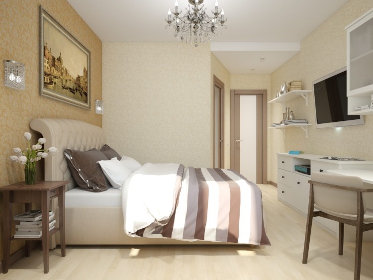 Tapete în culori deschise - pat tapițat în bej dormitor-mic-culori-luminoase-moderne-tapet-bej-la-locul de munca