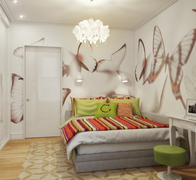 Tapet foto cu fluturi și dulap încorporat dormitor-mic-cu-flori-de-tapet-cu-design-modern