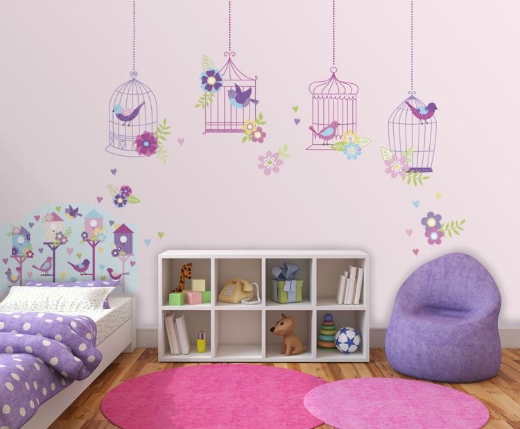 Decalcomanii de perete cu cuști pentru păsări și un design interesant al tăbliei patului camera copiilor-pasari-violet-llila-beanbag-runners-pink-circles
