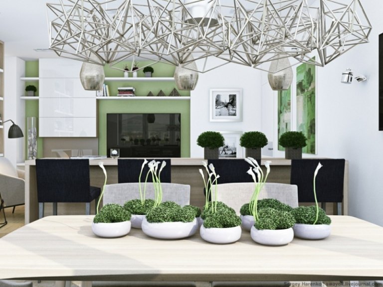 Decor pentru masă din plante verzi și flori tăiate decor interior plante boluri crini accent masă bucătărie bucătărie verde menta