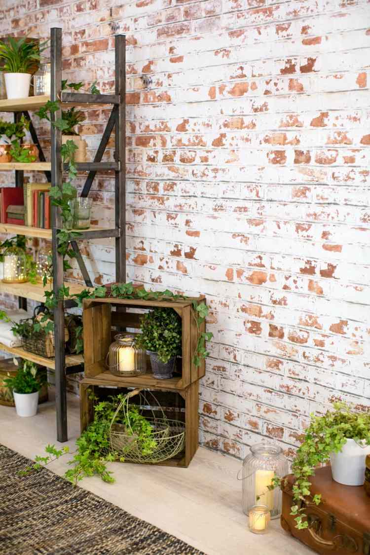 Tapet foto 3D cu un perete de cărămidă ca motiv Tapet 3D cărămidă-raft-real-decor-plante