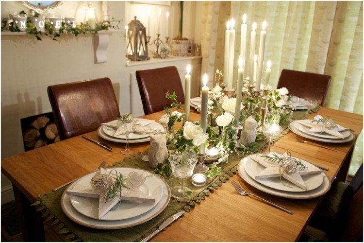 idei de decor pentru masa de Crăciun accent stelar alergător de masă romantic verde măslin