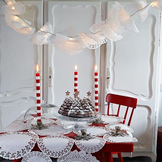 decoratiuni de masa Craciun rosu alb doilies ghirlande lumanari