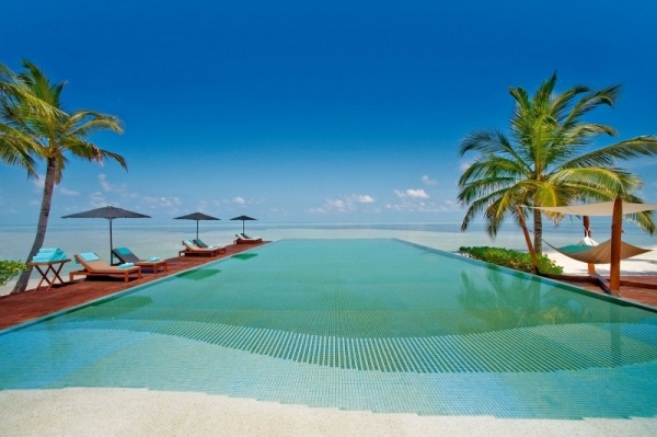 Maldive oază de șezlonguri de piscină infinită calmă Maldive oază de piscină infinită calmă întinsă