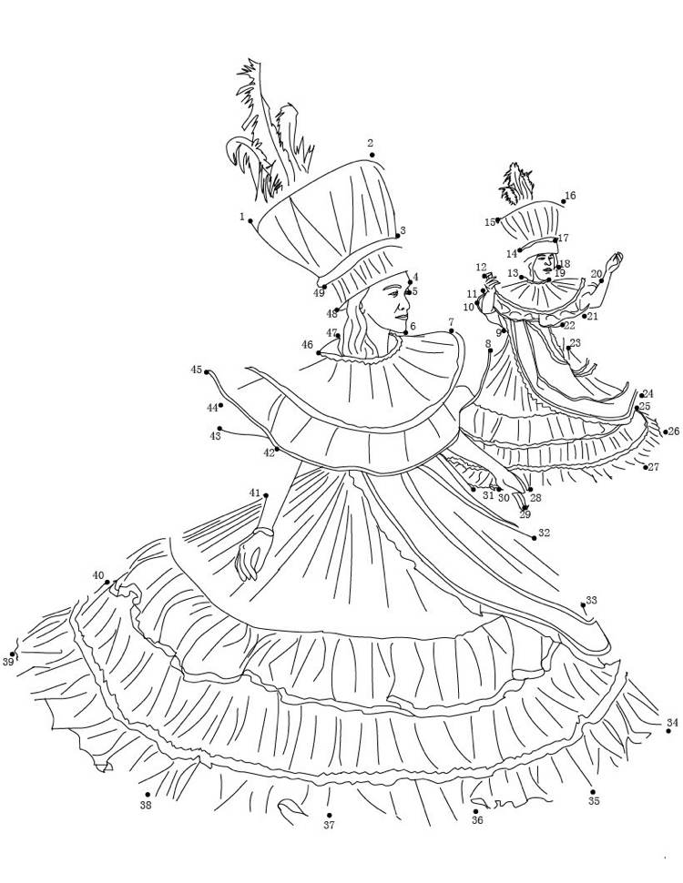 Planșă de colorat puncte de legătură Carnavalul de la Veneția