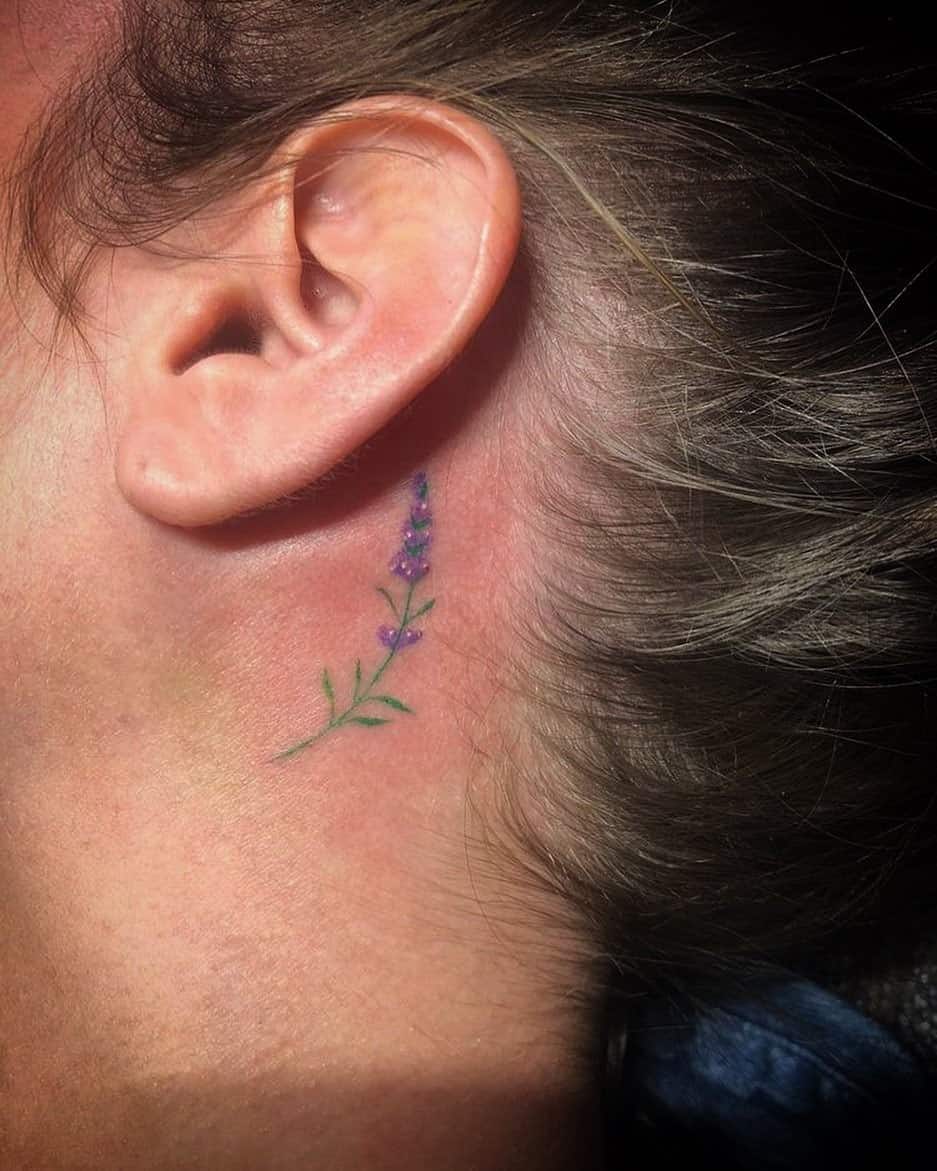 Uma pequena tatuagem de lavanda atrás da orelha