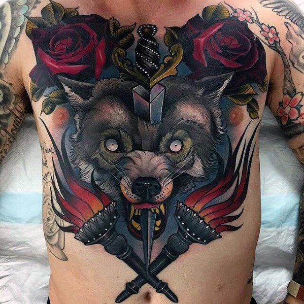 Kardas ir rožė su pradurta Vilko galvos tatuiruote