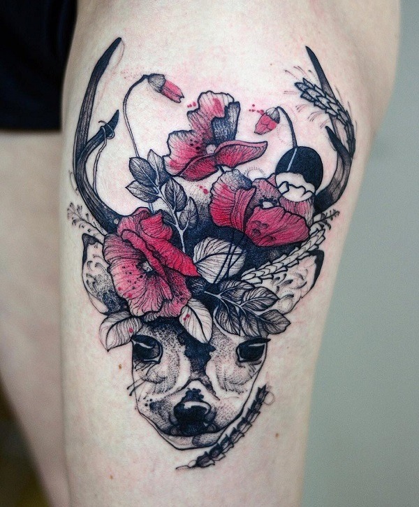 „Blossom Deer“ tatuiruotė, vaizduojanti galią.