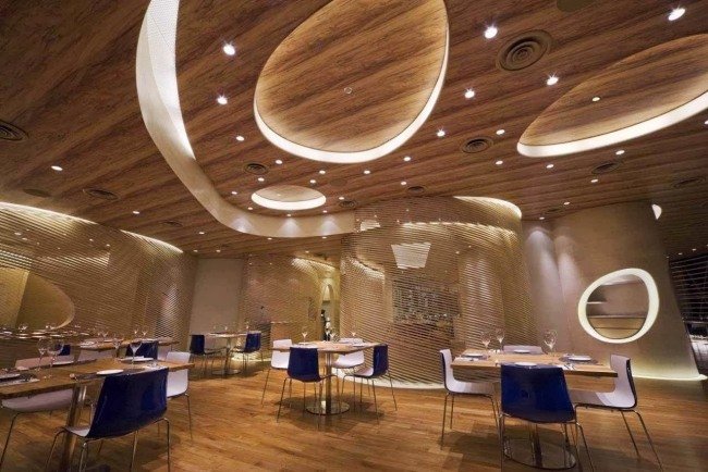 design interior restaurant iluminat încastrat în tavan suspendat din lemn lumini încastrate din tavan din lemn de design modern restaurant interior