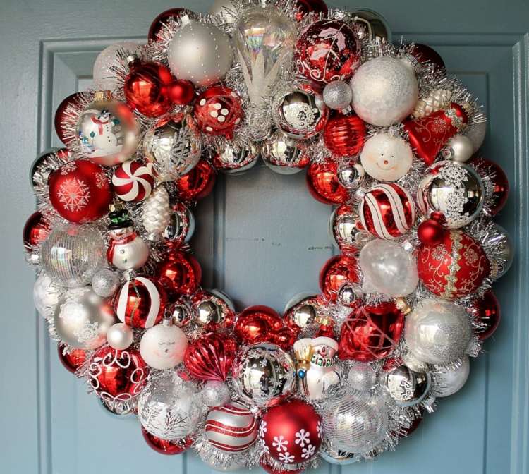 Puteți folosi bile de Crăciun pentru a decora o coroană de ușă decoruri de advent și de Crăciun Tinker Băile de Crăciun roșu alb argint coroană de ușă