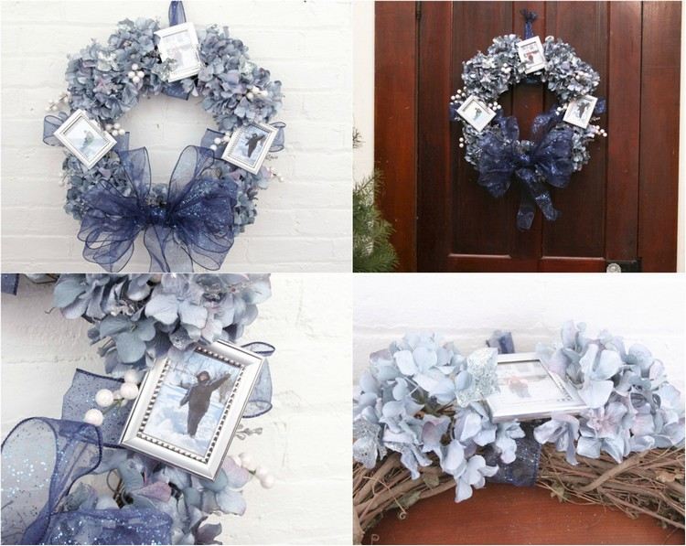 Coroană de ușă în argint și albastru decorată cu rame pentru tablouri Decorațiunile de Advent și de Crăciun trădează coroană-cadru-coroană de salcie