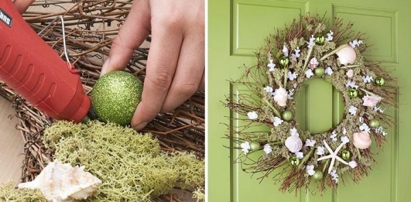 Idei de meșteșuguri de coroană Crăciun decor de advent-mușchi spaniol-minge de brad ramuri de paie Idei de artizanat cu coroană de ușă Artizanat de Crăciun Decor de Advent-mușchi spaniol-paie de minge de pom de Crăciun