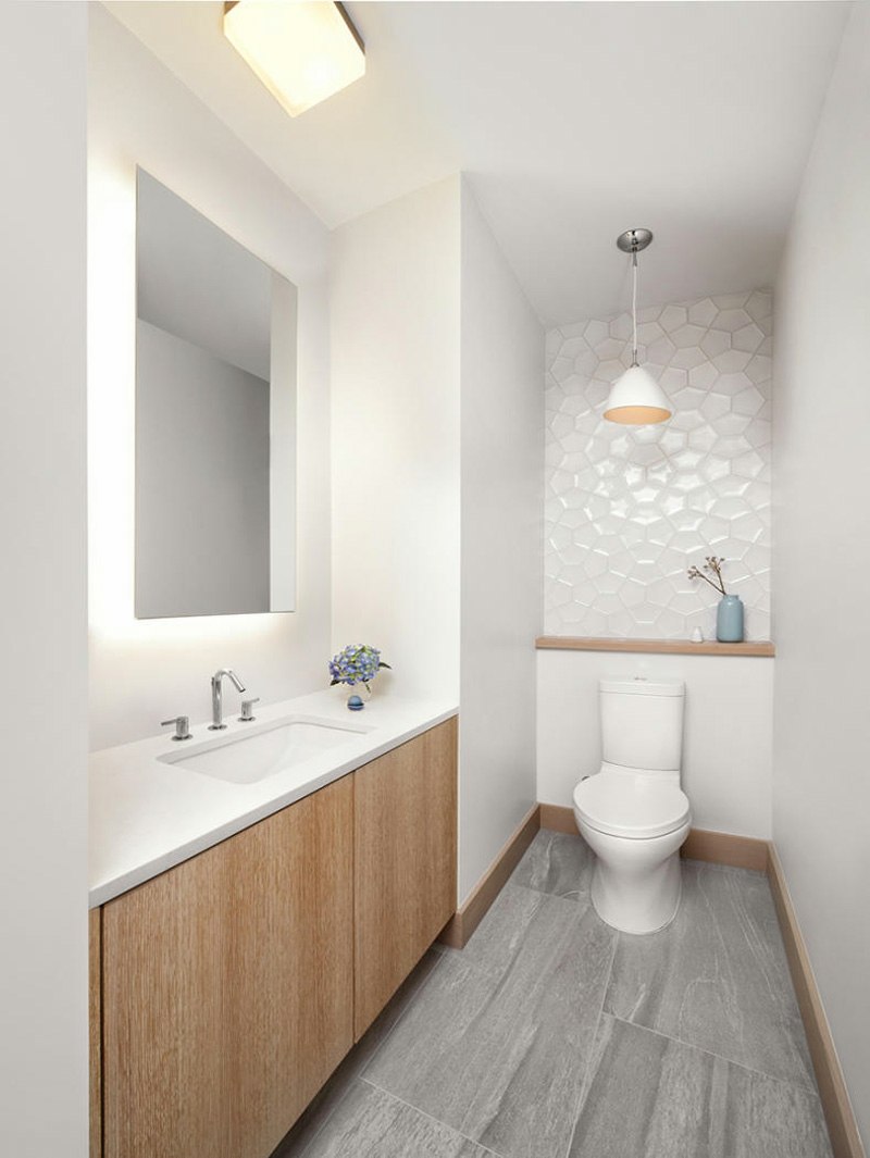 Gresie cu aspect de piatră și gresie albă în formă geometrică perete accent piatră geometrică gresie design toaletă albă