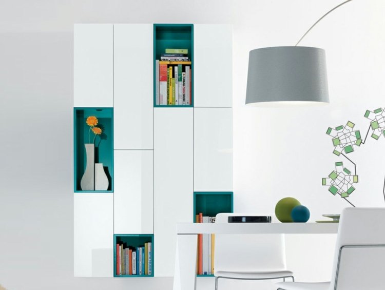 Perete extensibil în albastru și alb - aspect modern pentru vechea unitate de perete Rafturile de perete suplimentare vopsesc idei alb lucios