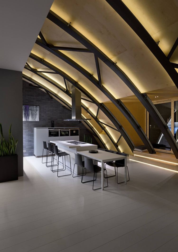 Grinzi moderne și atractive din oțel cu iluminare indirectă antracit-culoare-pod-modern-plat-iluminat-indirect-acoperiș-oțel-construcție-înclinată