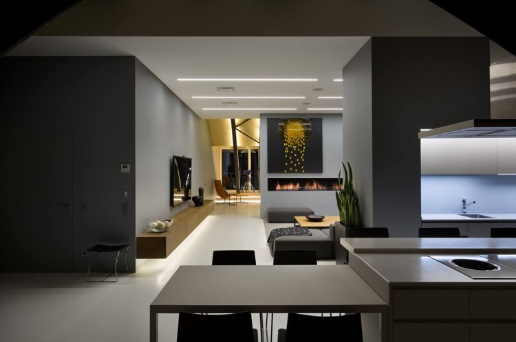 Culori alb-negru și antracit pentru design interior modern culoare antracit-apartament-mansarda-moderna-bucatarie-deschisa-living-iluminat-indirect