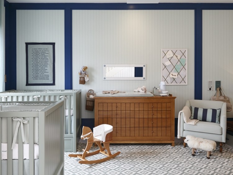 Găsiți mobilier frumos pentru gemeni camera bebelușului-gemeni-albastru-alb-băieți-scaun-de-alăptare-comoda-cal de balansoar din lemn